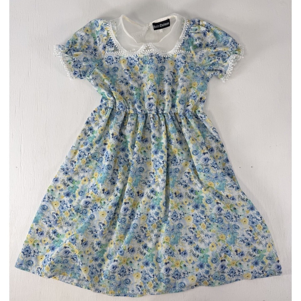Vintage Inspired Scarlet Darkness Dress Girl Blue Floral Daisy Lace Collar